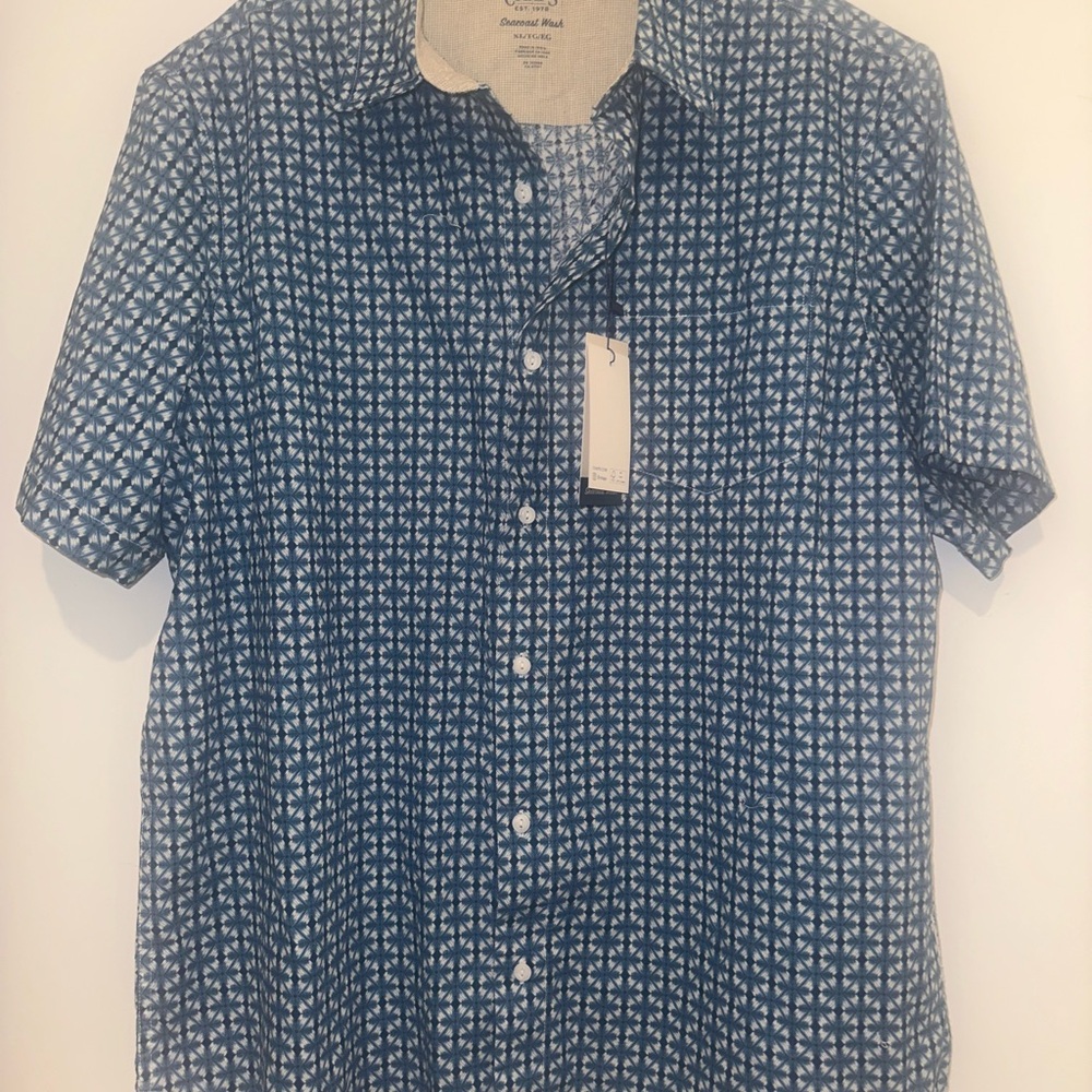 Chaps Blue Casual Button Down Shirt with Geometric Pattern Size XL